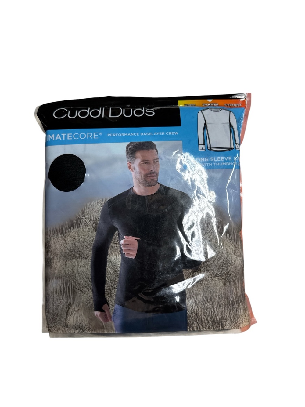 Cuddl Duds black long sleeve thermal shirt with thumbholes, size XL